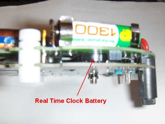 side view of circuit board showing the real time clock battery.