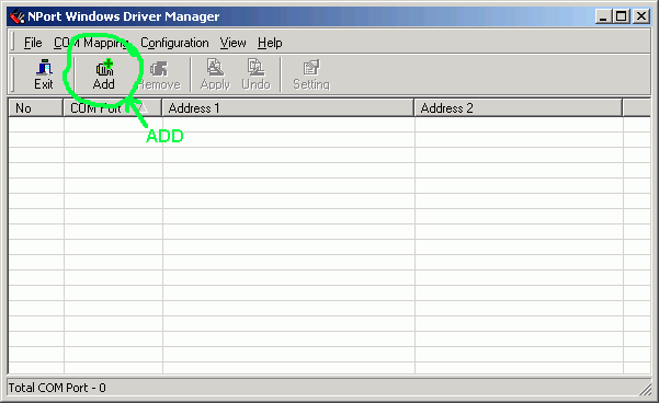 Moxa NPort Windows Driver Manages with Add Button highlighted