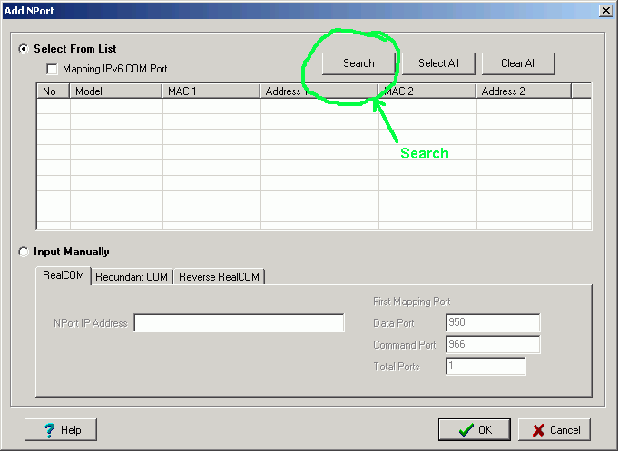 Moxa NPort Windows Driver Manager Add dialog with Search highlighted