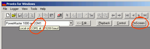 The Pronto Logger Bar with Logger address and PmScreen button highlighted